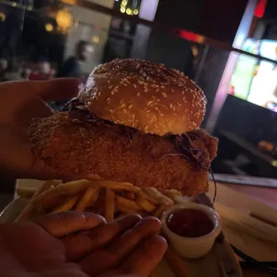 a chicken sandwich and fries