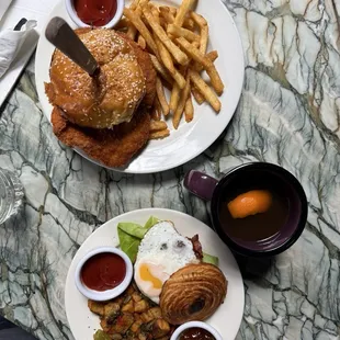 Fried Chicken, egg BLT, spiked hot apple cider