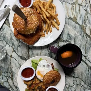 Fried Chicken, Egg BLT sandwich