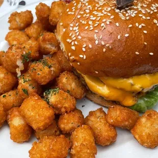 Keg Burger with tots