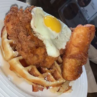 Chicken and waffles *specialty add on of fried cod