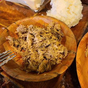 Kahlua pork made with way too much liquid smoke. And over shredded.  Should be made with smoked salt instead of liquid smoke.