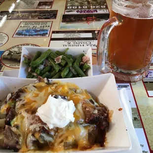 Posh Society Potato with Burnt Ends and side of green beans - delicious and superb service