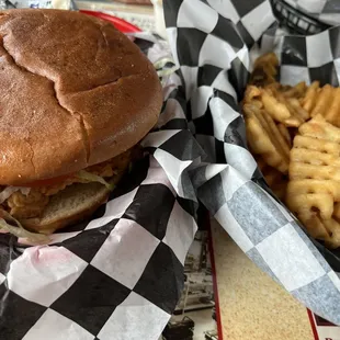 Chicken sandwich and waffle fries