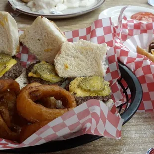 a hot dog and onion rings