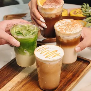Matcha Latte (left), Orange Mocha (top), Butterscotch Latte (bottom), Spanish Latte (right)
