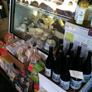 a display of cheese and wine