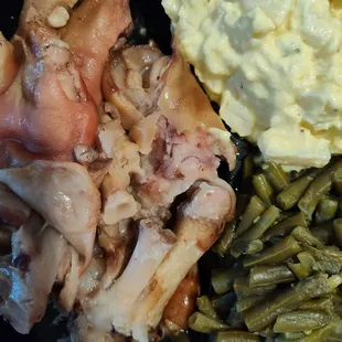 Pig feet, string beans and potato salad.