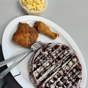 2 Pieces Leg and Thigh Meal, Bomb Mac and Cheese and Red Velvet Signature Waffle