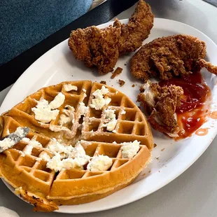 3 Pieces Chicken Strips with Waffle - couldn't wait to dig in!