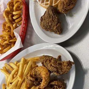 3 piece and fries ($10 Thursday Special) and 2 pc w/waffle (and Curly Fries)