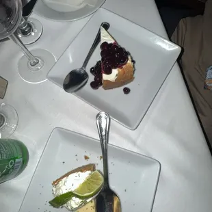 Key lime pie, cheesecake with blueberry, creme brulee