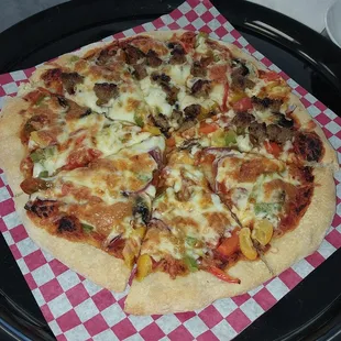 a pizza on a tray