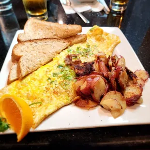 Philly steak omelet with red potatoes and wheat bread. Scrumptious!