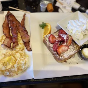 French toast, eggs and bacon