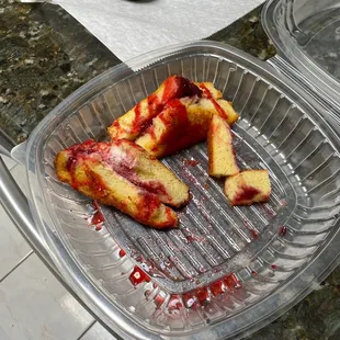 Stuffed raspberry French toast, disappointing that they did not soak bread for F toast. The bread was so dry I had to stop eating.