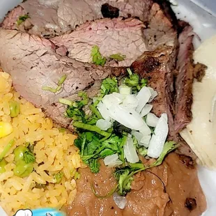 meat, rice, and beans