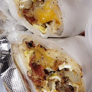 Bacon  and sausage breakfast burrito