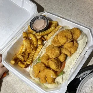 Shrimp Po'boy with fries and Keland sauce