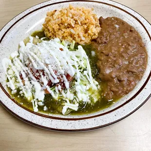 Enchiladas with house made salsa verde. Regular or vegan cheese