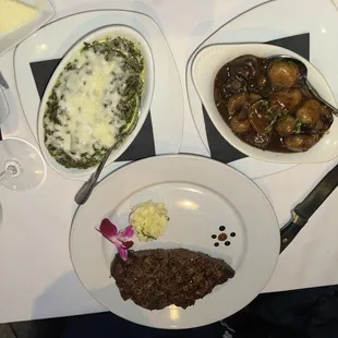 Boneless ribeye, creamed spinach and sautéed mushrooms