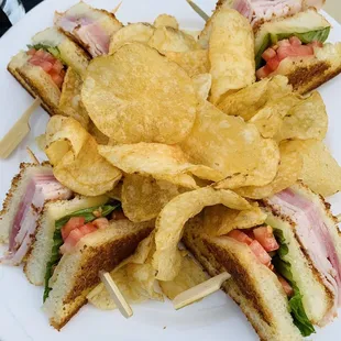 a plate of sandwiches and chips