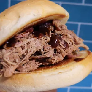 Pulled pork sandwich with spicy BBQ sauce.