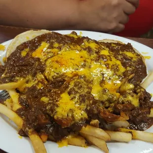 Chili cheese burger with chili cheese fries