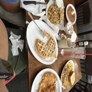 Waffle, chicken fried chicken, Fried Pickles