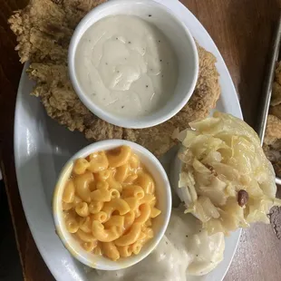 Chicken Fried Steak, Mash Potatoes, Mac n Cheese, Cabbage