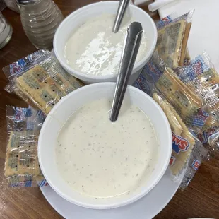 Sides of ranch dressing for the salads with crackers