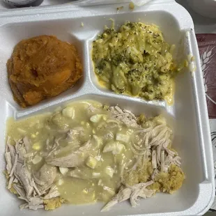 Turkey &amp; dressing , yams (bland), broccoli cheese casserole,