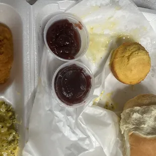 Jellied Cranberry sauce, cornbread muffin, dinner roll