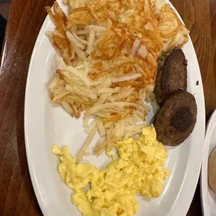 Hashbrowns, eggs and sausage