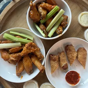 Wings and hot dog egg roll