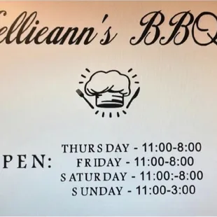 Business name and hours.