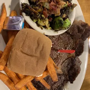 The rib eye Brussels sprouts and sweet potato fries