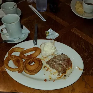 Meat loaf, Onion Rings, beads with soft butter.