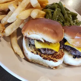 Kids sliders with green beans and French fries.