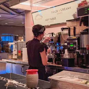 Kellogg's Diner late night serving making cappuccino.