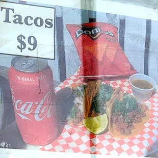 3 meat tacos, 1 soda, 1 bag of chips