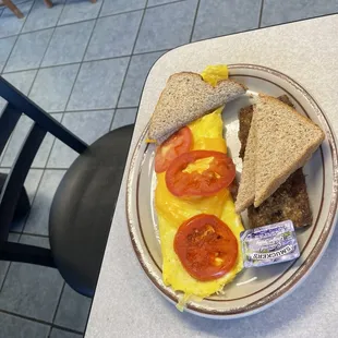 Garden Omelet with a Goetta Patty