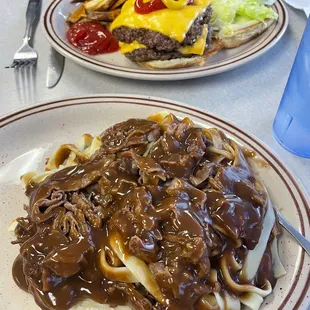 Beef and Noodles over mashed. Double Cheeseburger Deluxe and fries.