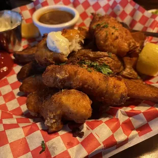Fish &amp; Chips (add Guinness brown gravy- pro move)