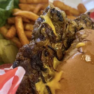 a close up of a burger and french fries