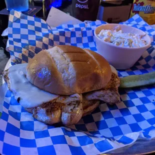 Chicken sandwich and crab pasta.