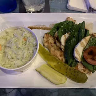 Grilled chicken caprese sandwich no bun with side of coleslaw. Amazing!!!