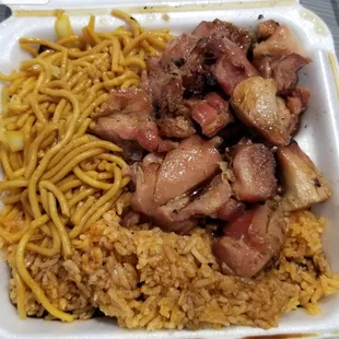 Kelly's Cajun Grill, Bourbon Chicken with noodles and rice.