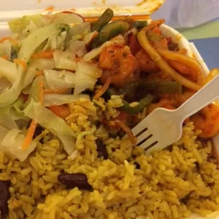 Shrimp Etouffee, Red Beans &amp; Rice and Steamed Cabbage.