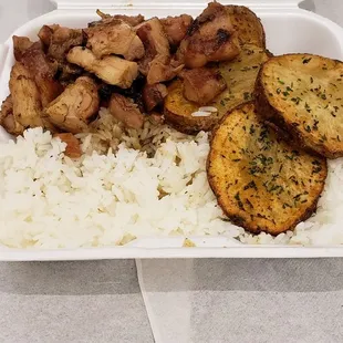 Burbon Chicken, white rice, and potatoes